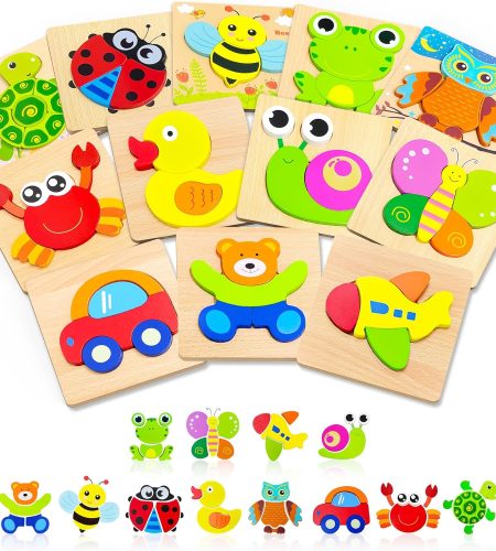 Bekayshad Wooden Puzzles Toddler Toys 12 Pack Animal Jigsaw